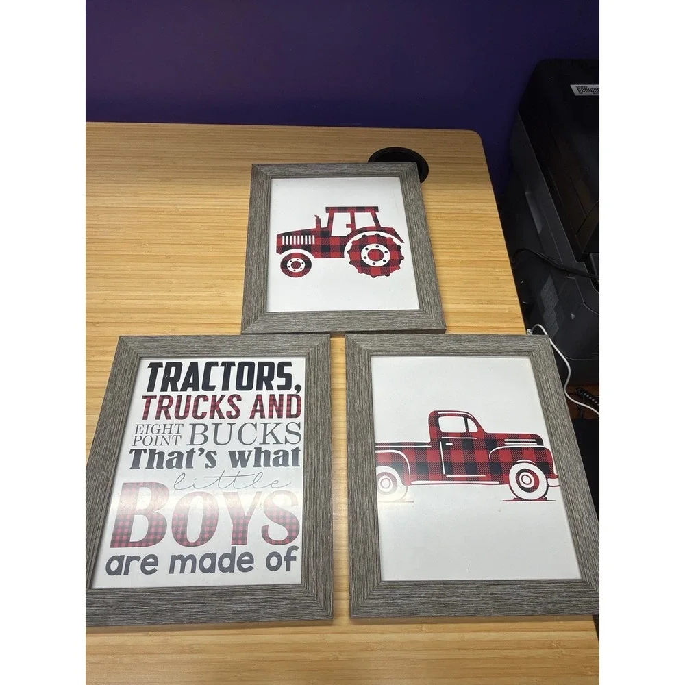 Buffalo Plaid Boys Nursery Wall Art Framed Set of 3 Tractor Truck‎ Farm Decor